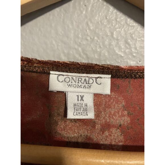 Vintage Conrad C Womens Top 1X Red Floral Stretch Long Sleeve Artsy Deadstock - Picture 3 of 8
